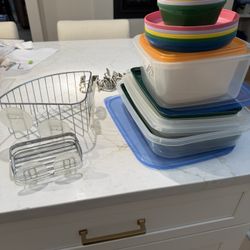 "Tupperware" Storage,  kids dishes, and 2 Shower/bath cadddies 
