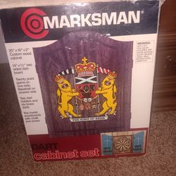 Marksman Dart Board King of Arms in Wood Cabinet