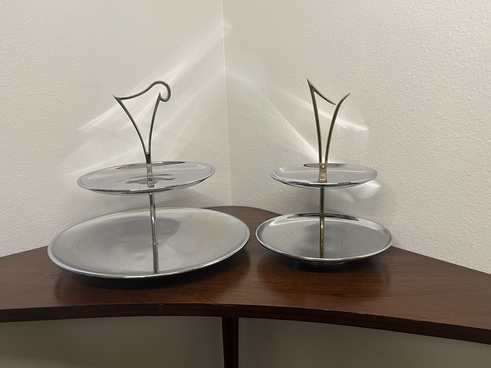 Set Of 2 Vintage Mid Century Modern Atomic Kromex Chrome Two Tiered Serving Trays Abstract Handle