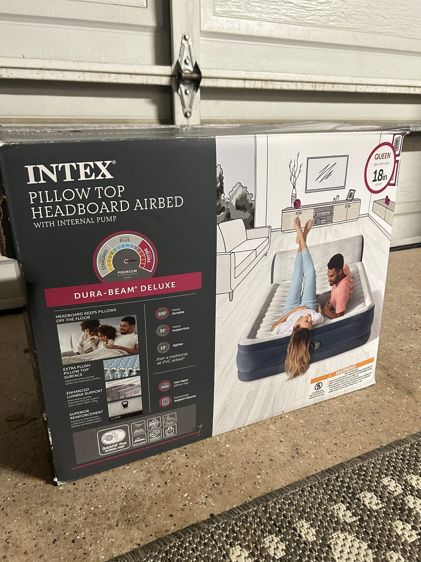 QUEEN size Intex air mattress (airbed) with headboard - internal pump, pillow top