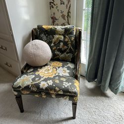 Antique French Silk And Walnut Provincial Chair In Floral  Print