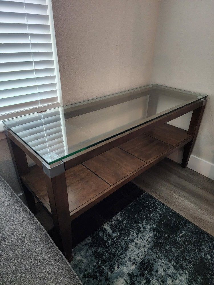 Solid Wood And Glass Sofa Table With 2 End Tables