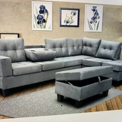 Allen Parkway Grey Microfiber Sectional With Storage Ottoman 