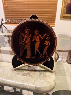 Egyptian Motif Decorative Plate on Stand - Ancient Figures with Harp - Vintage Style