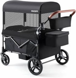 Harppa Remy Wagon Stroller for 4 Kids, Foldable 4-Seater Stroller Wagon with Mosquito Net Canopy,Snack Tray, 8''/12''All-Terrain Wheels, 280Ibs Capaci