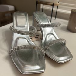 Silver Rhinestone Chunky Heel - 6