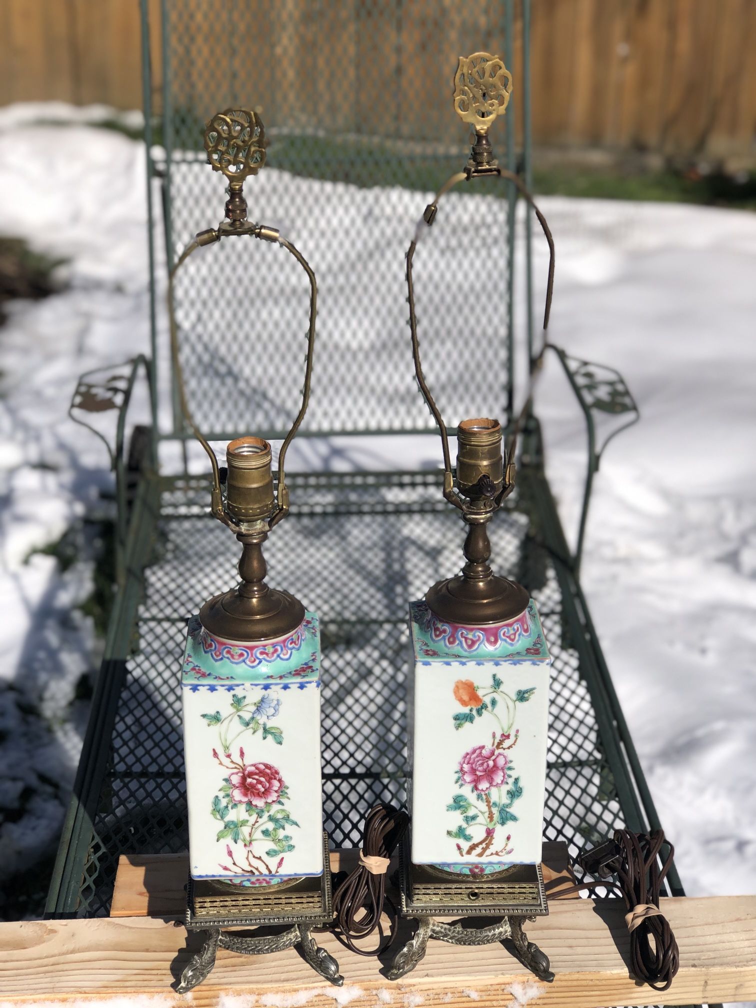 2 Antiques Chinese Hexagon FAMILLE ROSE Porcelain Vase, Lamps-RARE