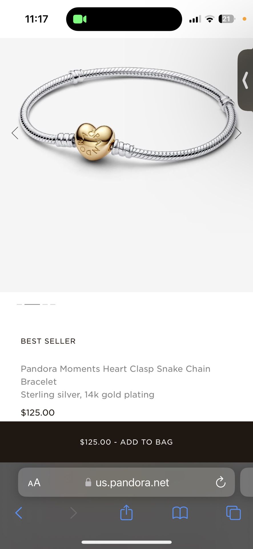 Pandora Heart Clasp Snake Bracelet 7.5