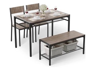 4-Piece Dining Table Set for 4, Kitchen Table Space-saving grey 4-piece dinette set with metal storage rack. Includes 2 ergonomic chairs and 1 bench.