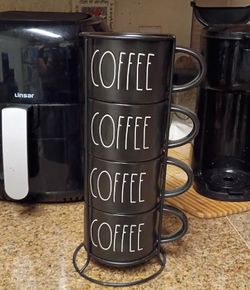 Stacking Coffee Mugs Set with Wire Rack