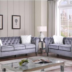 Grey Velvet Tufted Sofa & Loveseat $899