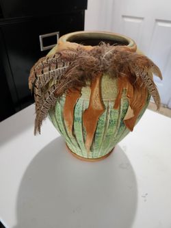 Southwestern Ceramic Pottery Vase with Feathers & Leather Rustic Tribal Decor
