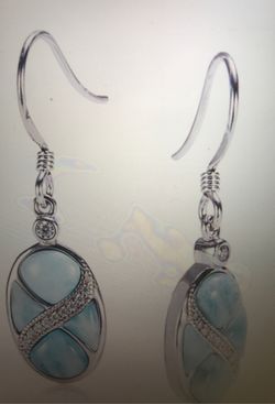 Sterling silver oval hook earring larimar cz inlaid