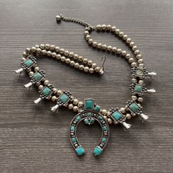 Sancrest Squash Blossom silver necklace with turquoise stones from about 1960