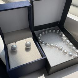 77035 Genuine 8 mm gray pearl sterling silver set, round stud earrings and baroque bracelet stamped