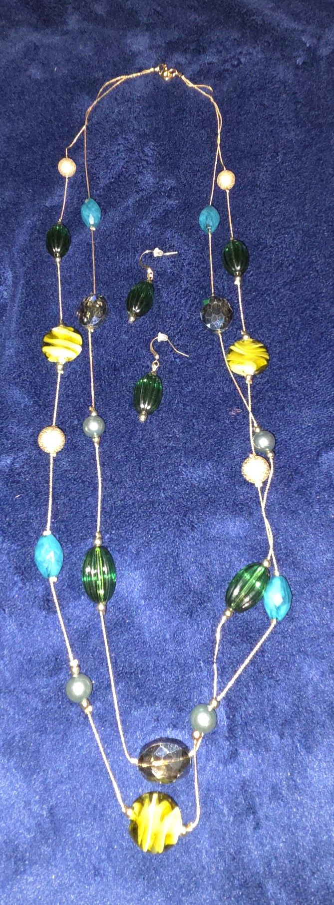 Vibrant necklace and earrings with multicolored beads.