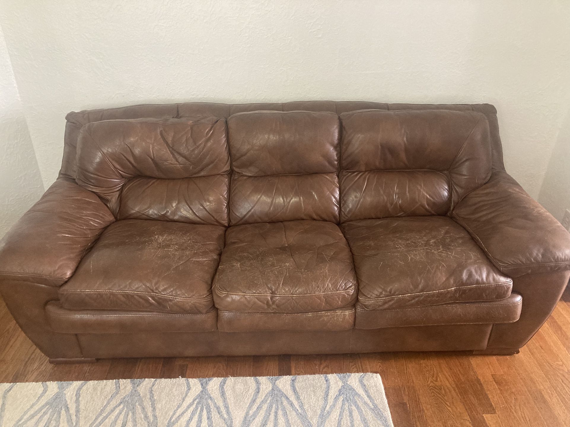 Brown Leather Couch & Oversized Chair w / Ottoman