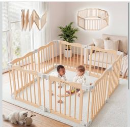 Wooden Baby Playpen, Natural Solid Wood Playpen, 45 x 45 x 24 inches Foldable Playpen for Babies and Toddlers, Adjustable Baby Play Yard, Indoor & Exp