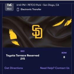 Padres Tickets 3 Seats Sec 215 Row 8