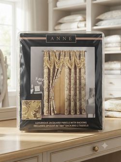 Brand New Elegant Gold & Brown Damask Curtain Set with Attached Swag Valance