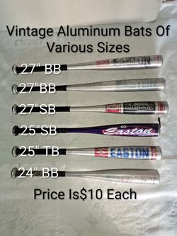 Vintage Aluminum Baseball/Softball Bats Of Various Sizes (Price Is $10 Each)