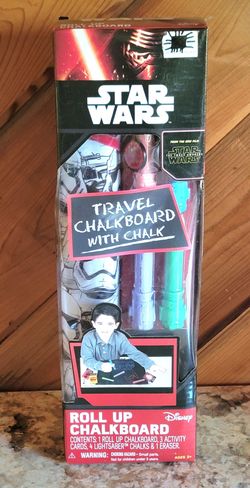 Disney Star Wars The Force Awakens branded roll-up travel chalkboard set with Lightsaber chalk.