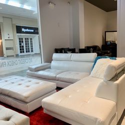 White Leather Sectional Sofa With Ottoman ** $50 Down No Credit Needed ** Same Day Delivery