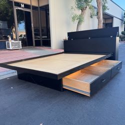 Mid Century Modern Black Queen Platform Bed Frame with 2 Drawers and Storage Headboard