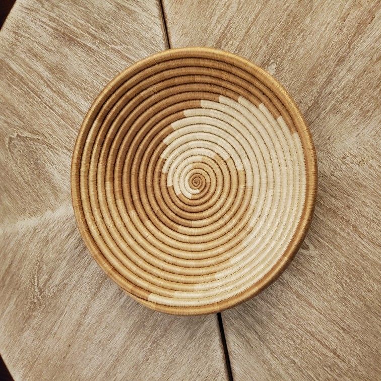 African Basket Rwanda Woven Sisal Sweet Grass Bowl Hang Tan 12"