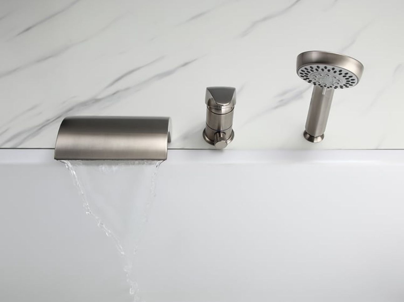  Victoria Deck Mount Waterfall Tub Faucet With Handheld Shower In Brushed Nickel