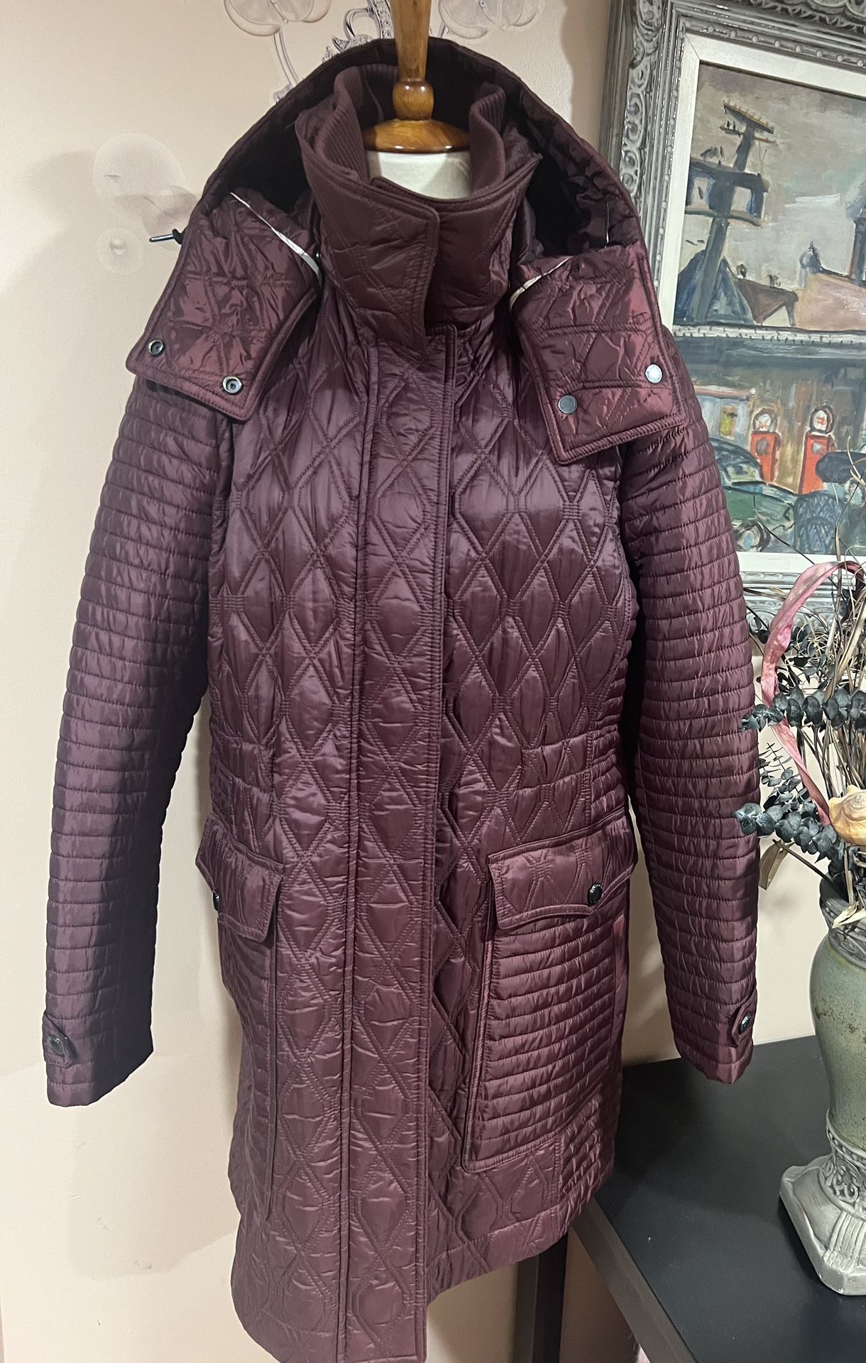 Burberry Quilted Hooded Burgundy Coat Size XL