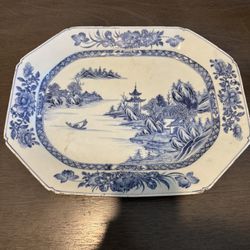 antique Chinese export blue and white porcelain platter, likely dating from the 18th or 19th century. 