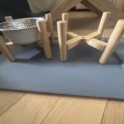 WOOD DOG BOWL STANDS… WITH ONE BOWL, ONE BOWL NOT AVAILABLE