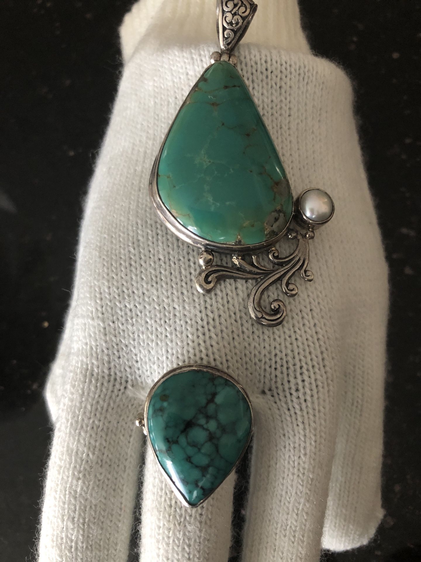 Turquoise set,vintage turquoise and pearl Sterling Silver 925 Ring&pendant , Ring size 8 turquoise size 1" Pendant turquoise size 1.5" Hand made, re