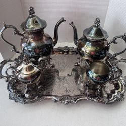 Vintage Silver-Plated Tray Coffee & Tea Set With Footed Tray 1910 