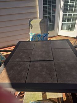 Patio Dining Set + 4 Chairs + Huge Navy Cantilever Umbrella and Base