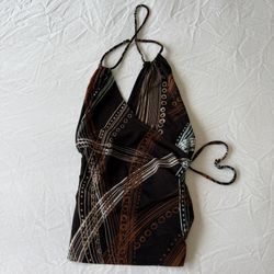 🖤 Y2K Abstract Wrap Halter Top – Earthy Tribal Print Small 🖤