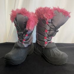 IC3FACE Girls Size 2 Kids Gray Pink Faux Fur Lined Winter Waterproof Snow Rain Boots Insulated Hightop w/ Pull Strap Laces