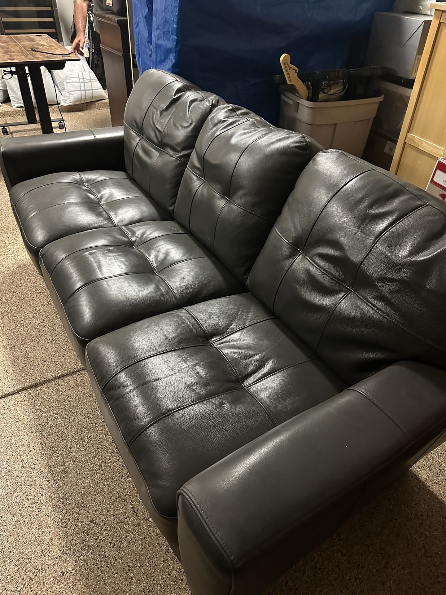 Grey Leather 3 Seater Couch, 2 Ottomans, And Love Seat