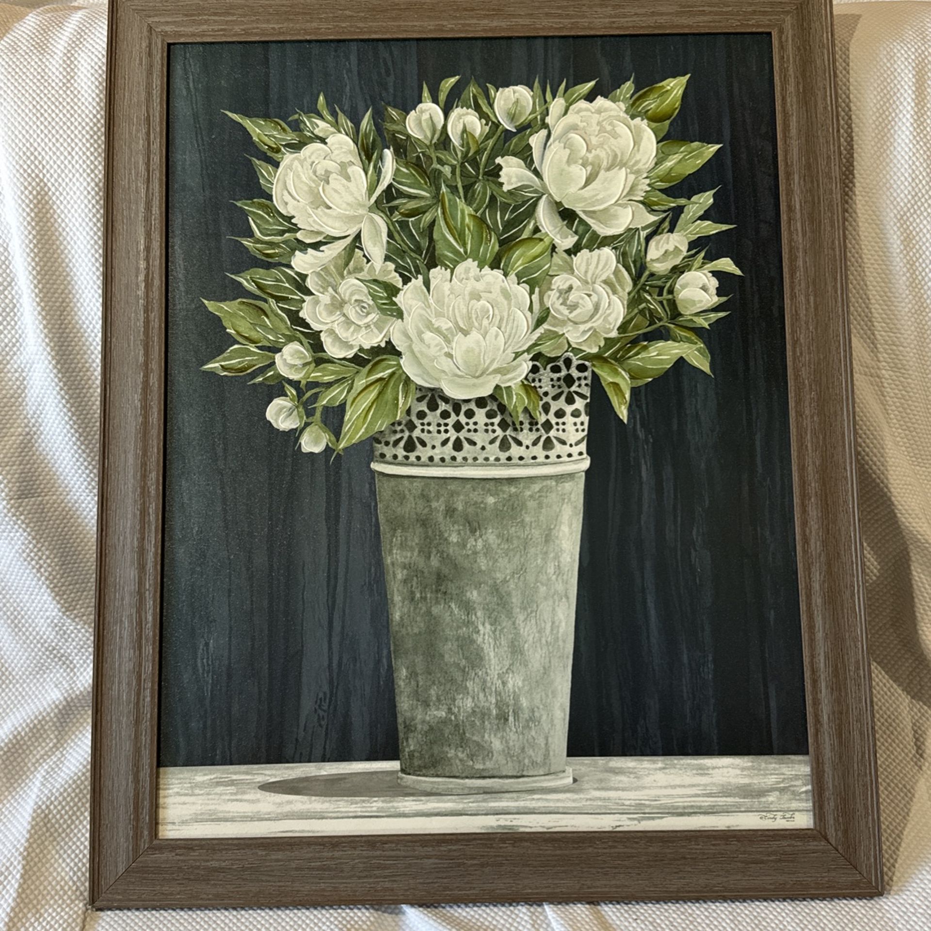 (USED)Punched Tin White Floral' by Cindy Jacobs, Canvas Wall Art