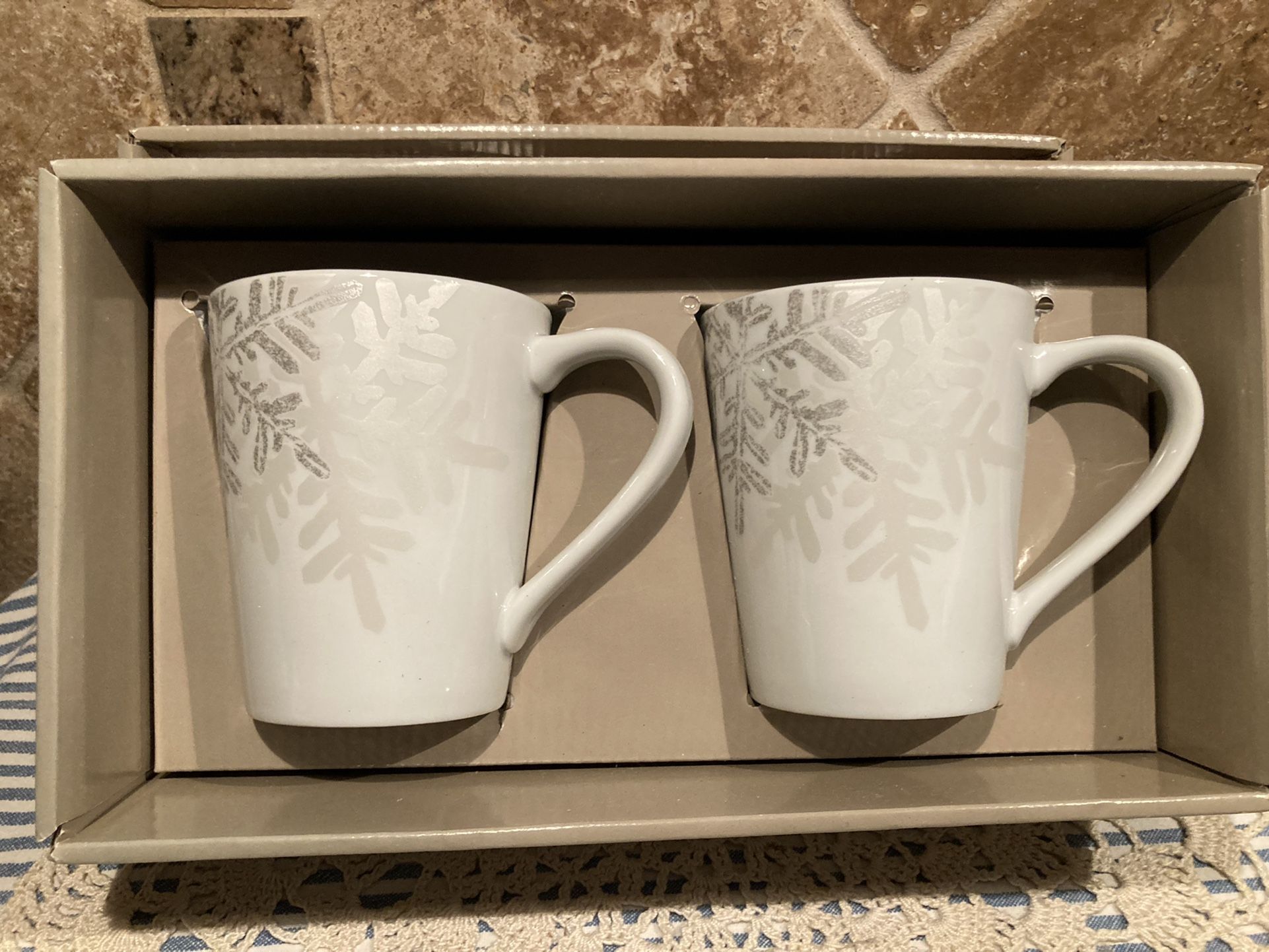TWO NEW SNOWFLAKE MUGS BY ST. NICHOLAS SQUARE