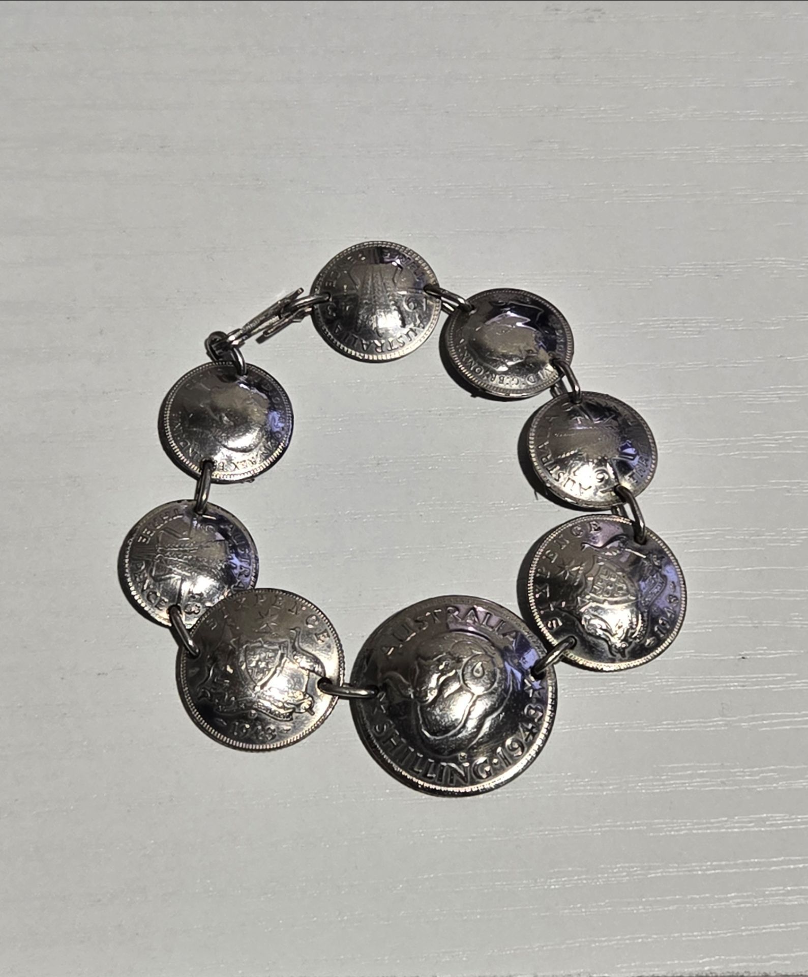 War Antique Australian Coin Bracelet | WWII Sterling Silver Shillings & pences