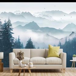 Foggy Forest Pine Scenery Fabric Wallpaper Living Room Bedroom Bathroom Mountain Large Wall Mural- 137"x96"（ not Peel and Stick）  L-2821