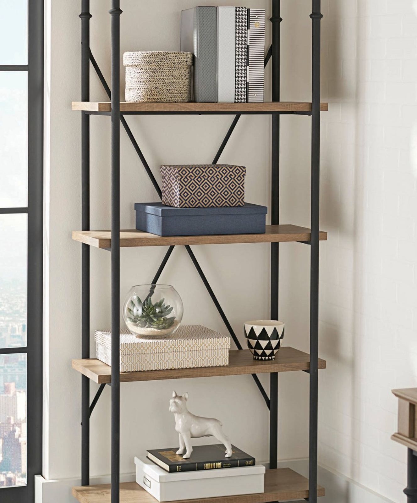 Better Homes & Gardens River Crest 5-Shelf Bookcase, Rustic Oak Finish DESCRIPTION: Mixed material aesthetic Powder coated metal frame 1" thick shelv