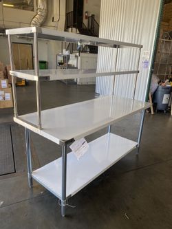 New Stainless Steel Work Station Prep Tables And Over Table Shelves 
