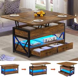 Itaar 40" Lift Top Coffee Table, 4 in 1 Coffee Tables with Storage for Living Room, Small Farmhouse Coffee Table with 2 Drawers & LED Light for Dining
