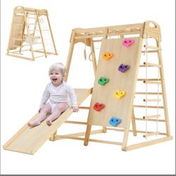 FUNLIO 8-In-1 Wood Indoor Playground For Kids 3-8 Years, Larger & Heavier Climbing Toys With Solid Pine, Indoor Gym For Kids With Swing/Slide/Climbing
