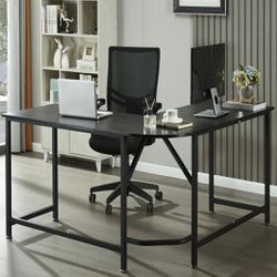 L-Shaped Computer Desk, Industrial Office Corner Desk, 59’’ Writing Study Table, Wood Tabletop Home Gaming Desk with Metal Frame, Large 2 Person Table