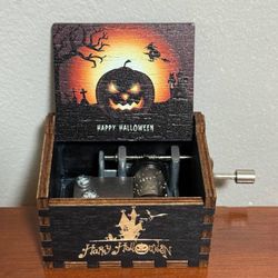Happy Halloween Nightmare Before Christmas Wood Carved Hand Crank Musical Box