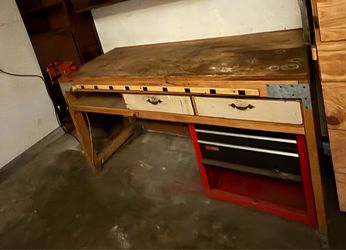 Wooden Workbench with Vise and Craftsman Tool Chest